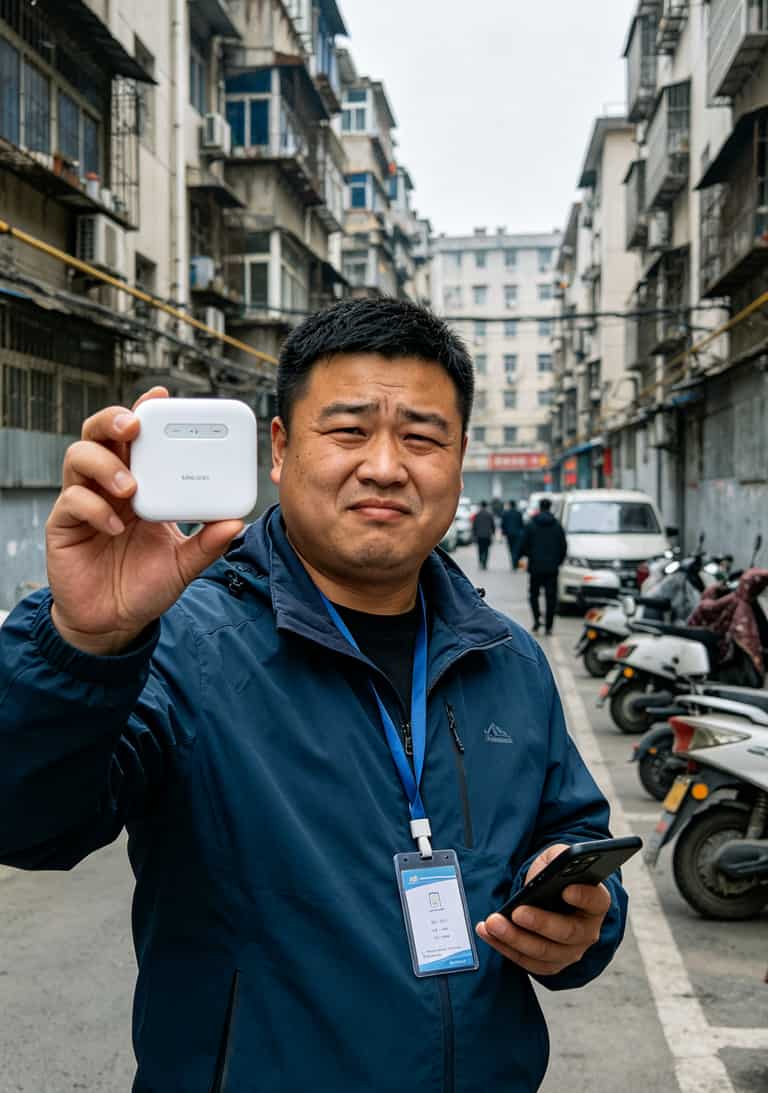 便宜的电信流量卡,我劝你别随便买!郑州跑业务的半年血泪史 郑州金水区跑业务老马手拿随身WiFi设备的自拍,背景在街头