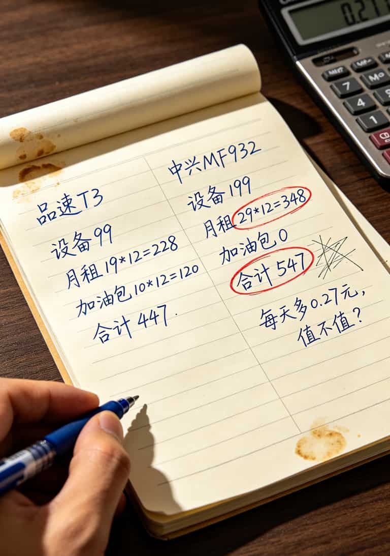 不可打电话的流量卡是真的吗?真!但别盯着19元3000G下单 一年成本对比计算表格,品速T3 vs 中兴MF932,标注各项费用明细