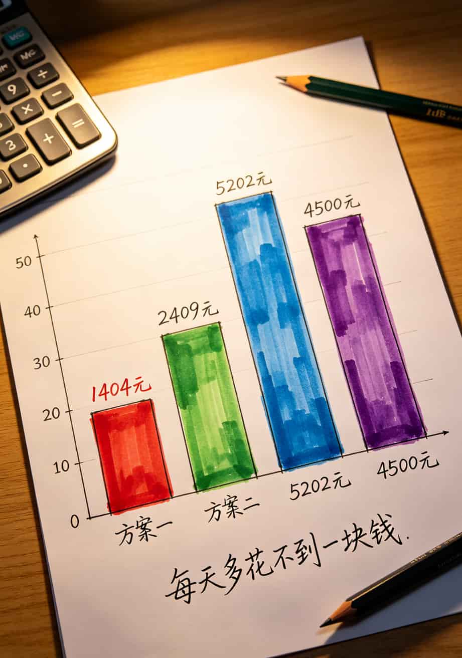 三年成本对比柱状图，四个方案清晰对比