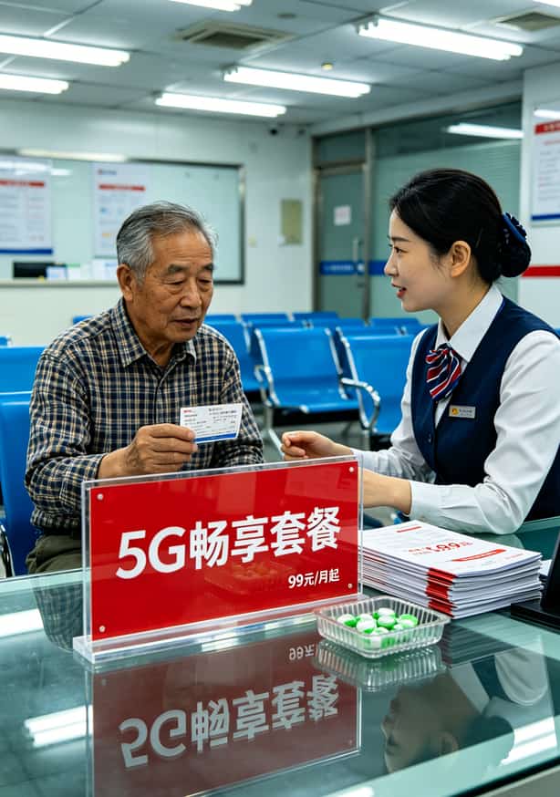中国移动营业厅内部，柜台展示5G套餐资图，最低99元起