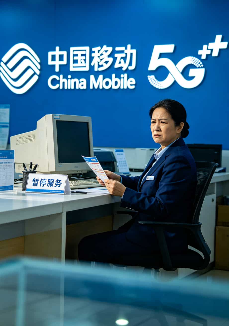 踩了三年坑,总算找到靠谱的长期19元月租流量卡推荐(别再瞎买了) 中国移动营业厅内部场景,柜台后坐着工作人员
