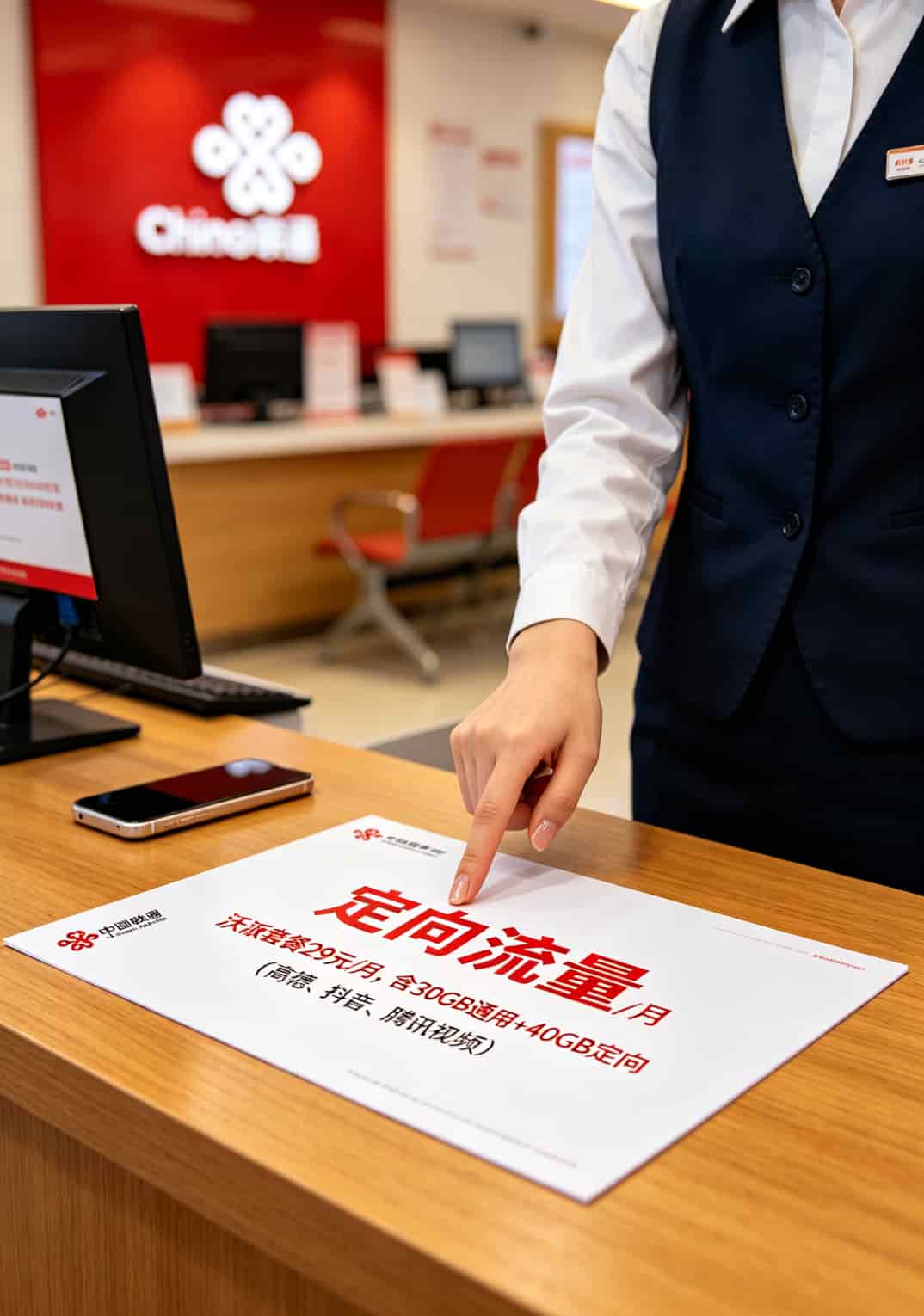 20260508_025406_车机导航流量卡_final 中国联通营业厅内套餐宣传页,工作人员正在介绍