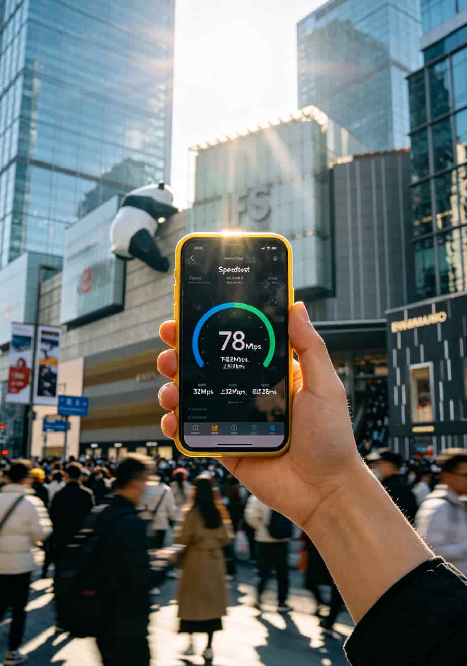 跑了12趟营业厅才搞明白:4g本地流量卡这么选才不踩坑 成都春熙路街头测速截图,显示下载速度78Mbps