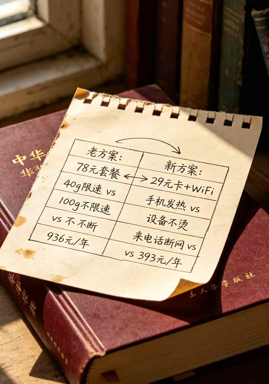 月省50块,网速快一倍:我折腾半年“29块钱100g的流量卡流量卡+优盘随身WiFi”的真实体验 两种方案对比表格,手绘风格