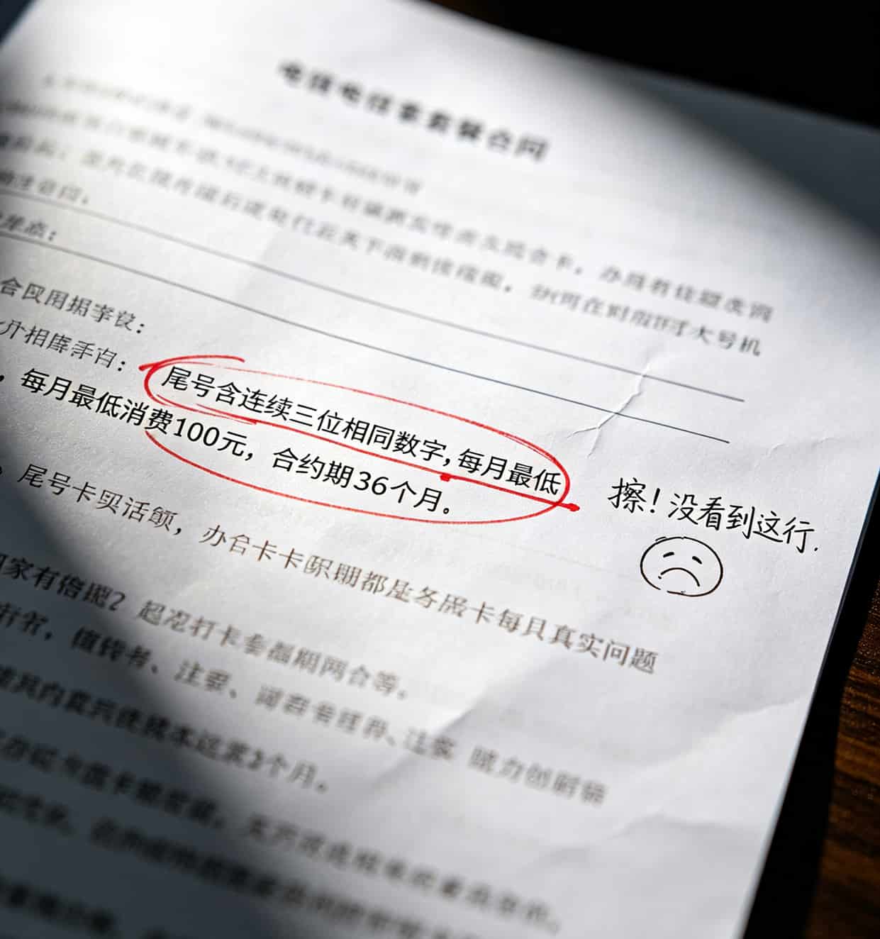 一张电信套餐合同，用红圈标出了靓号低消条款
