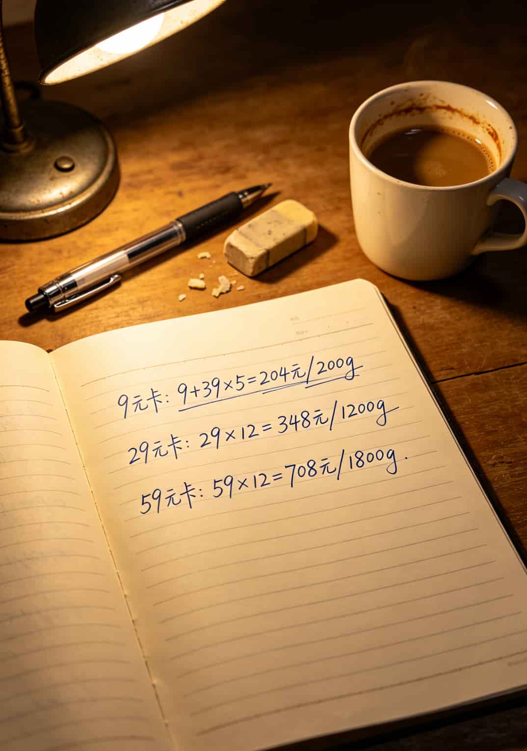 手写计算草稿，写着9元卡204元/200g，29元卡348元/1200g，59元卡708元/1800g