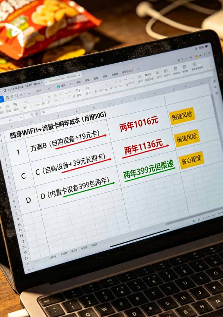 为了省几十块钱,我跑遍杭州8家营业厅踩了6次坑(附19元不限速流量卡+随身WiFi终极避坑指南) 一张Excel计算表格截图,红色标注“方案B两年1016元”“方案C两年1136元”,绿色标注“方案D两年399元但限速”