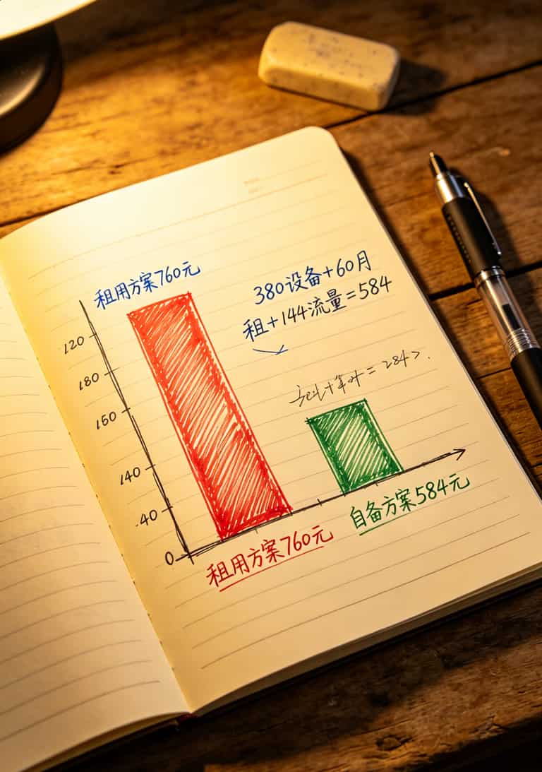 俄罗斯上网一年省下500块?一张5元月租的流量卡+自备WiFi,我跑了六趟实测 一年成本对比柱状图(租用方案vs自备方案)