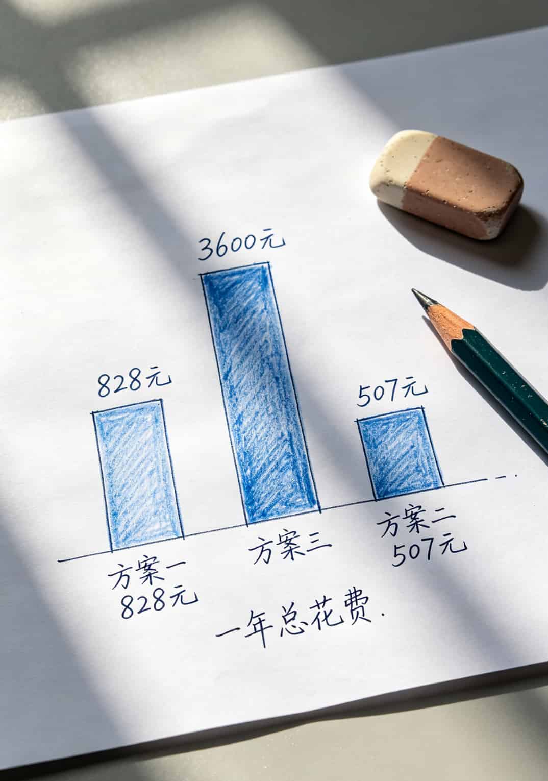 65岁以上流量卡怎么选?我爸折腾半年,最后发现这招最省心 三个方案对比柱状图,方案二507元最低,方案三3600元最高