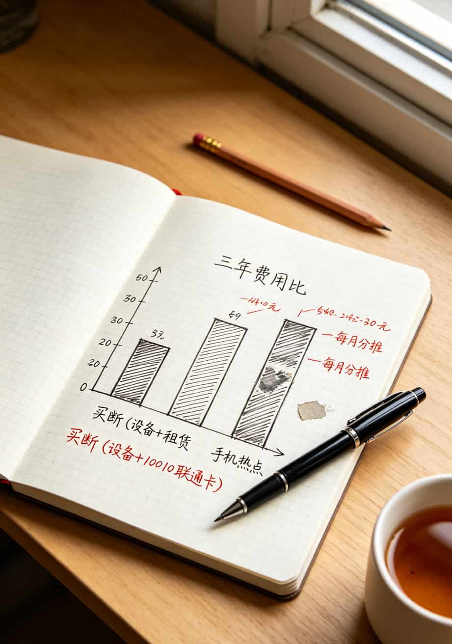 三年费用对比柱状图（买断vs租赁vs热点）