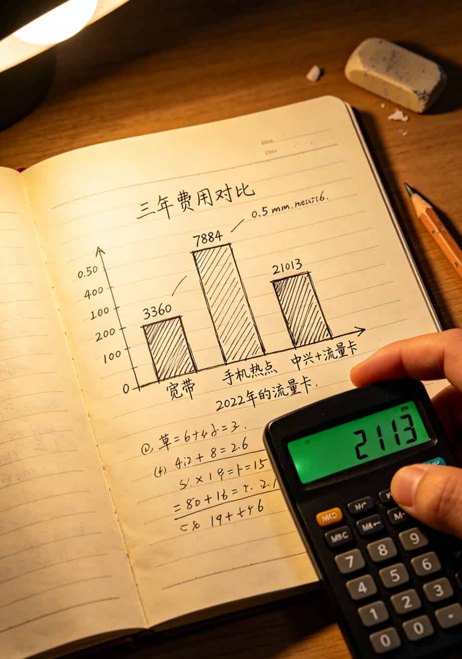 两年省下三千块?2022年的流量卡配中兴随身WiFi,这套组合我是真服了 三年费用对比柱状图,随WiFi方案最低