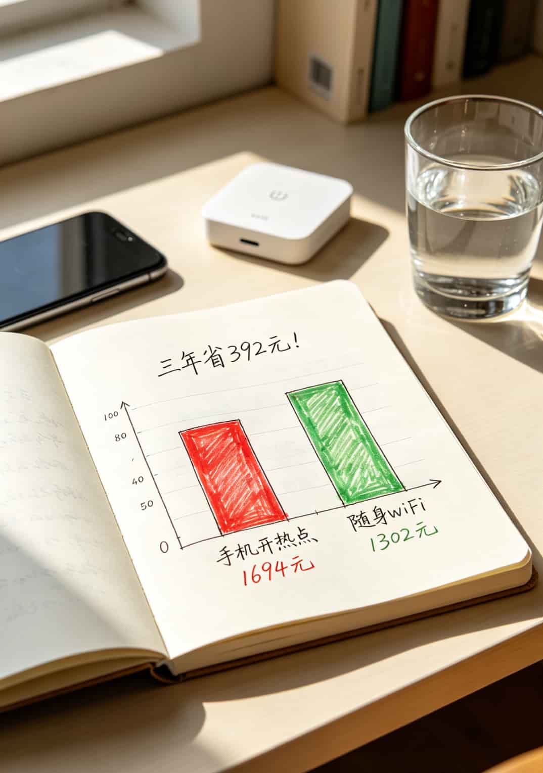一张电信流量的卡+一个300块的随身WiFi,三年能省一台红米手机 三年成本对比柱状图:手机热点1694元 vs 随身WiFi1302元