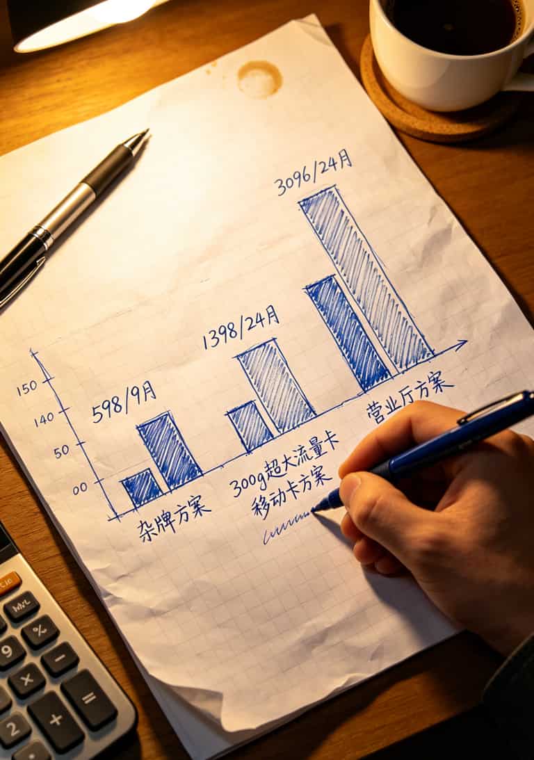 300g超大流量卡移动版实测:8张卡踩坑总结,别再被随身WiFi割韭菜了 不同方案长期成本对比柱状图