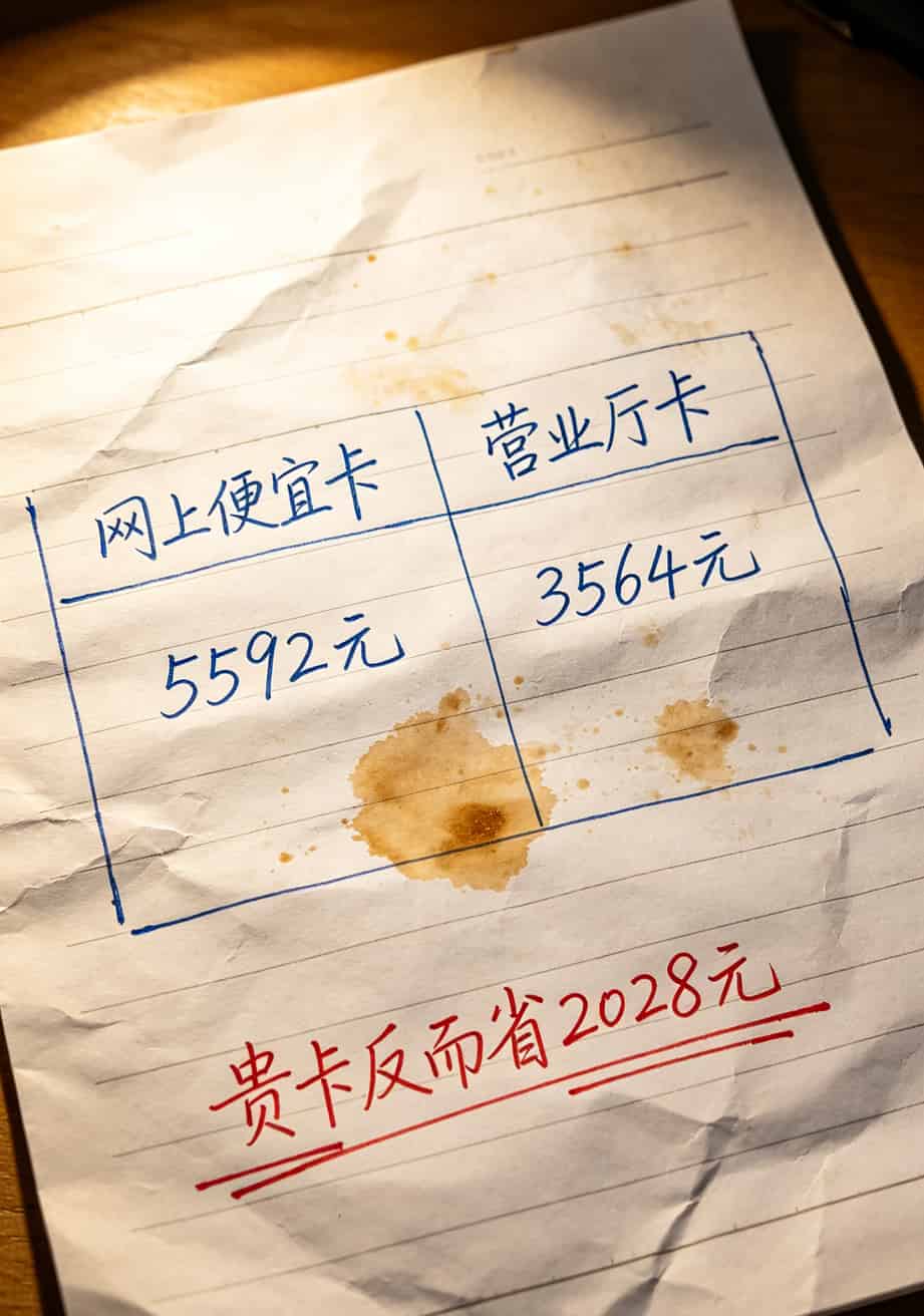一张对比表格，左边写“便宜卡”右边写“贵卡”，红字标注三年总成本差额