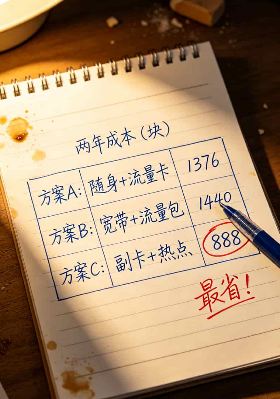 便宜的电信流量卡,我劝你别随便买!郑州跑业务的半年血泪史 两年三种方案成本对比的简单手写表格照片