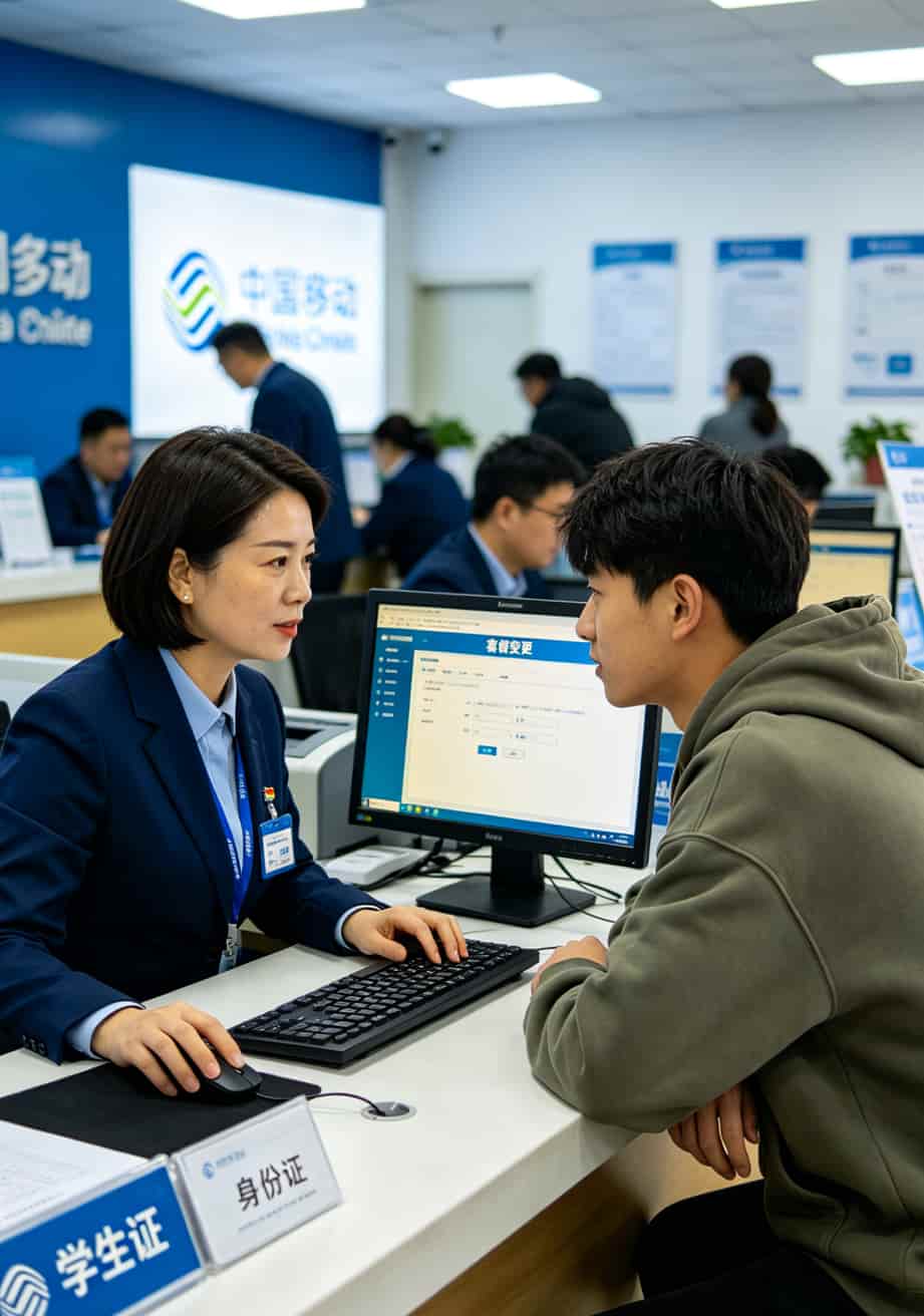 2020年最划算的流量卡移动实测:月租19拿80G通用+30G定向,亳州学生这样办 移动客服电话沟通截图,显示“免费升级”推销话术