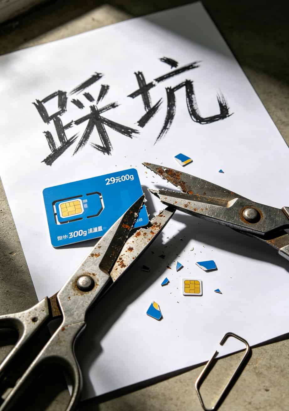一张被剪断的流量卡，旁边写着“踩坑”两个字