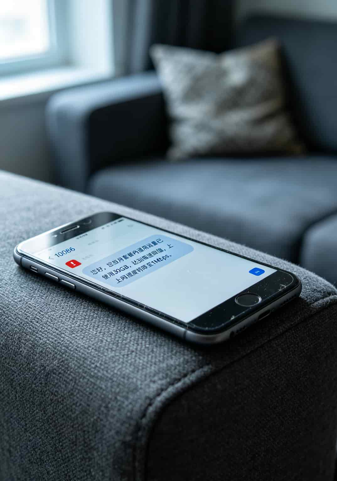 19元的移动流量卡配上中兴随身WiFi,我劝你想清楚再买(实测6张卡的真心话) 手机显示运营商发送的流量限速提醒短信,红色感叹号图标