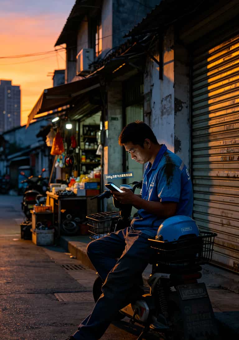 换了27张卡才整明白:2026“200g流量卡全国通用流量”这么选才不踩坑 外卖员在路边看手机等单的侧影