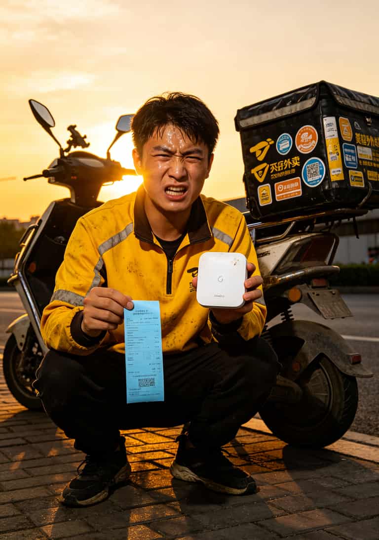 29电信流量卡到底坑不坑?我卖了8年随身WiFi,今天全抖出来 外卖骑手手持随身WiFi设备在电动车旁