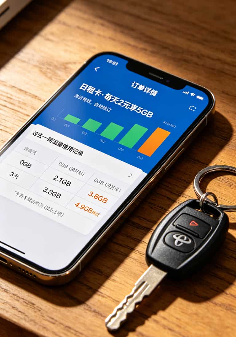 车载流量卡怎么办理?跑网约车6年老司机:听我的,每月39块100G就够了 电信日租卡订单截图,显示每日2元5GB套餐
