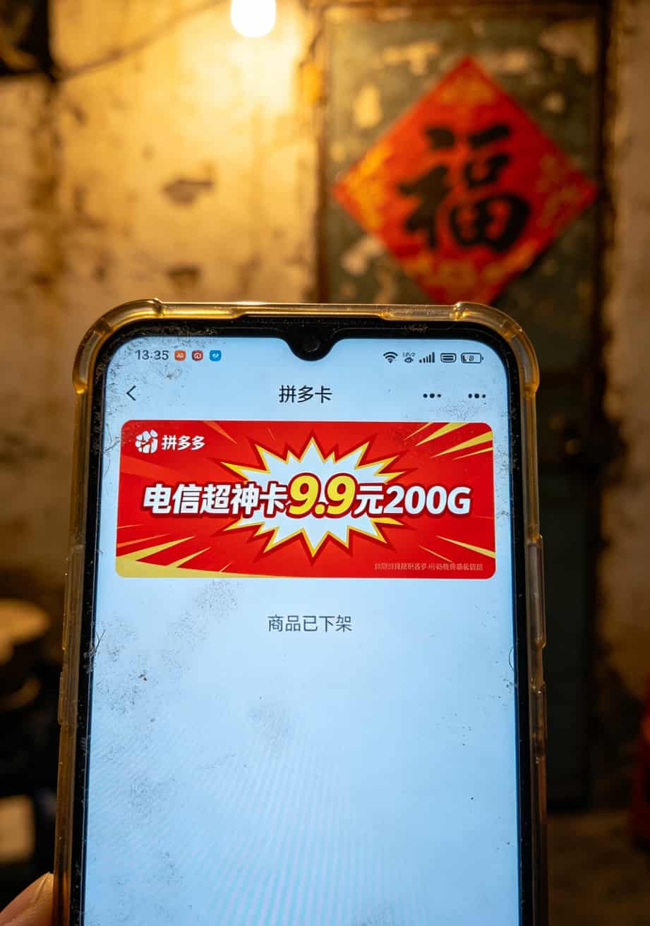 河南老乡问疯了:办个电信流量卡多少钱?我踩坑4次终于说实话 拼多多商家页面截图,显示9.9元200G电信卡已下架