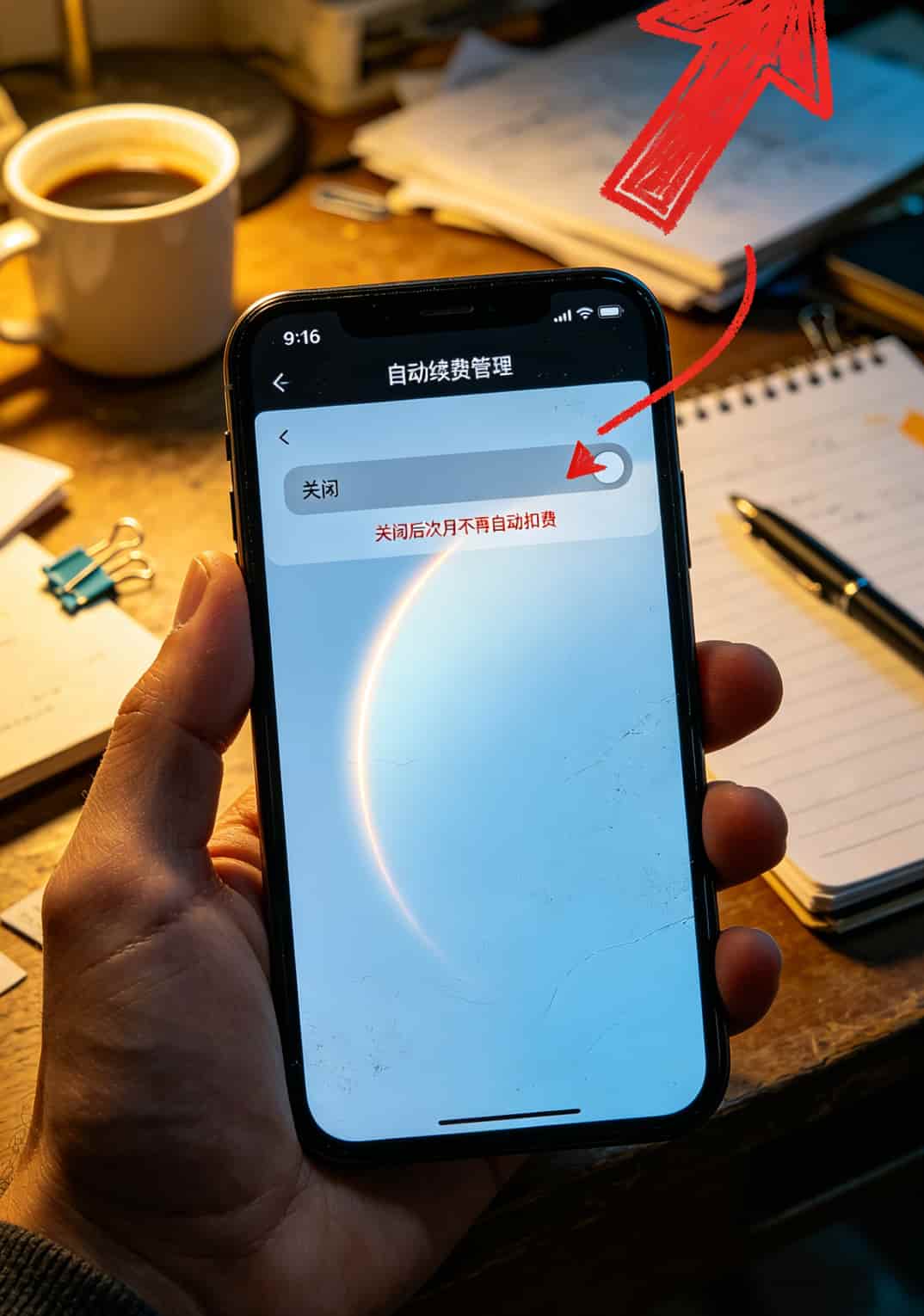 电信APP自动续费关闭页面截图，箭头标注关键选项位置