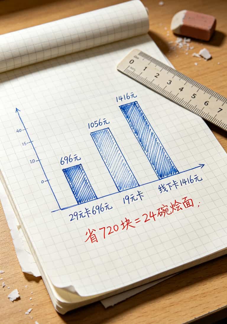 卖过两年卡的人掏心窝:电信流量卡手机卡办理前看完这篇,能省720块 两年话费对比柱状图,29元卡696元 vs 19元卡1056元 vs 线下卡1416元