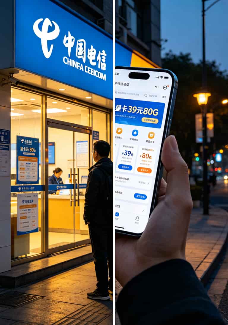 租房党别瞎买!电信流量卡推荐可选归属地,月租29元够三人用,省下两千块宽带费 电信营业厅门口和电信APP首页截图对比