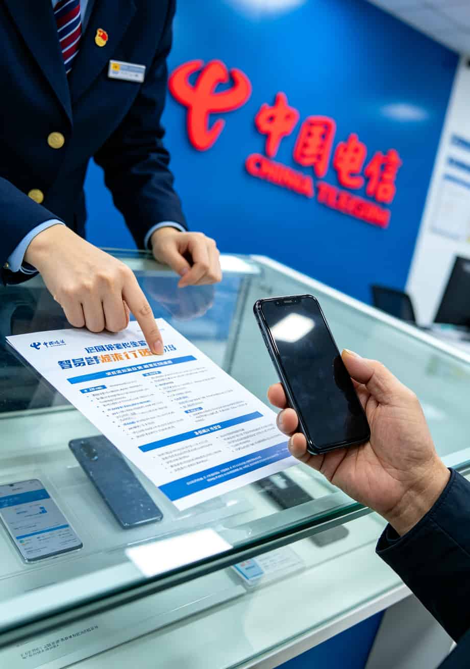用了三年随身WiFi,我被坑了八千块才搞懂:中兴小盒子配19元电信卡大流量卡,到底是省钱还是送命? 电信营业厅柜台实拍,工作人员正在解释套餐