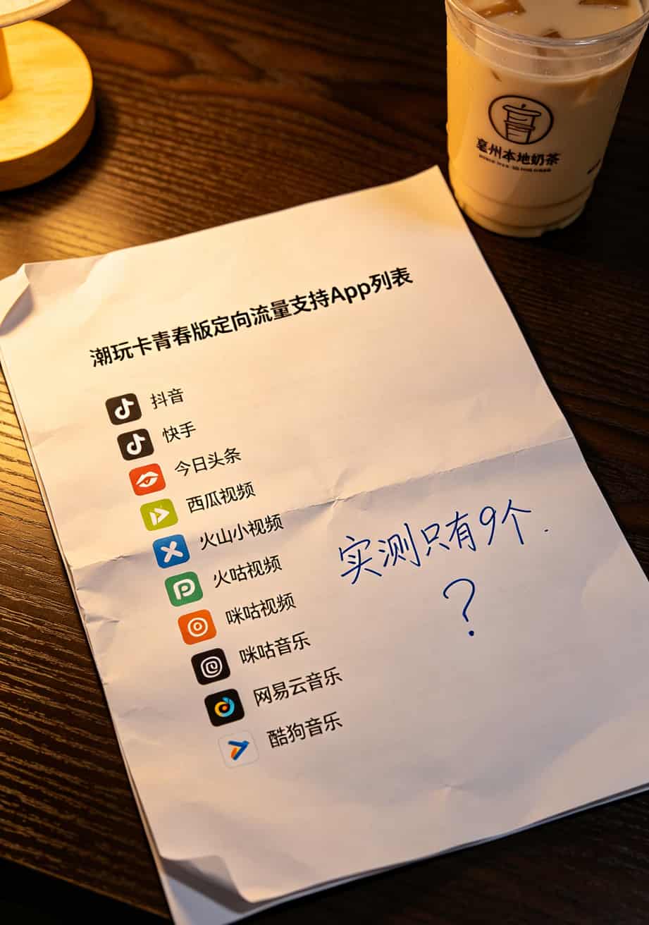 亳州学生实测:潮玩卡定向流量是哪些app可以用?三张卡全拆给你看 移动营业厅打印的定向App名单A4纸,手写标注了9个App