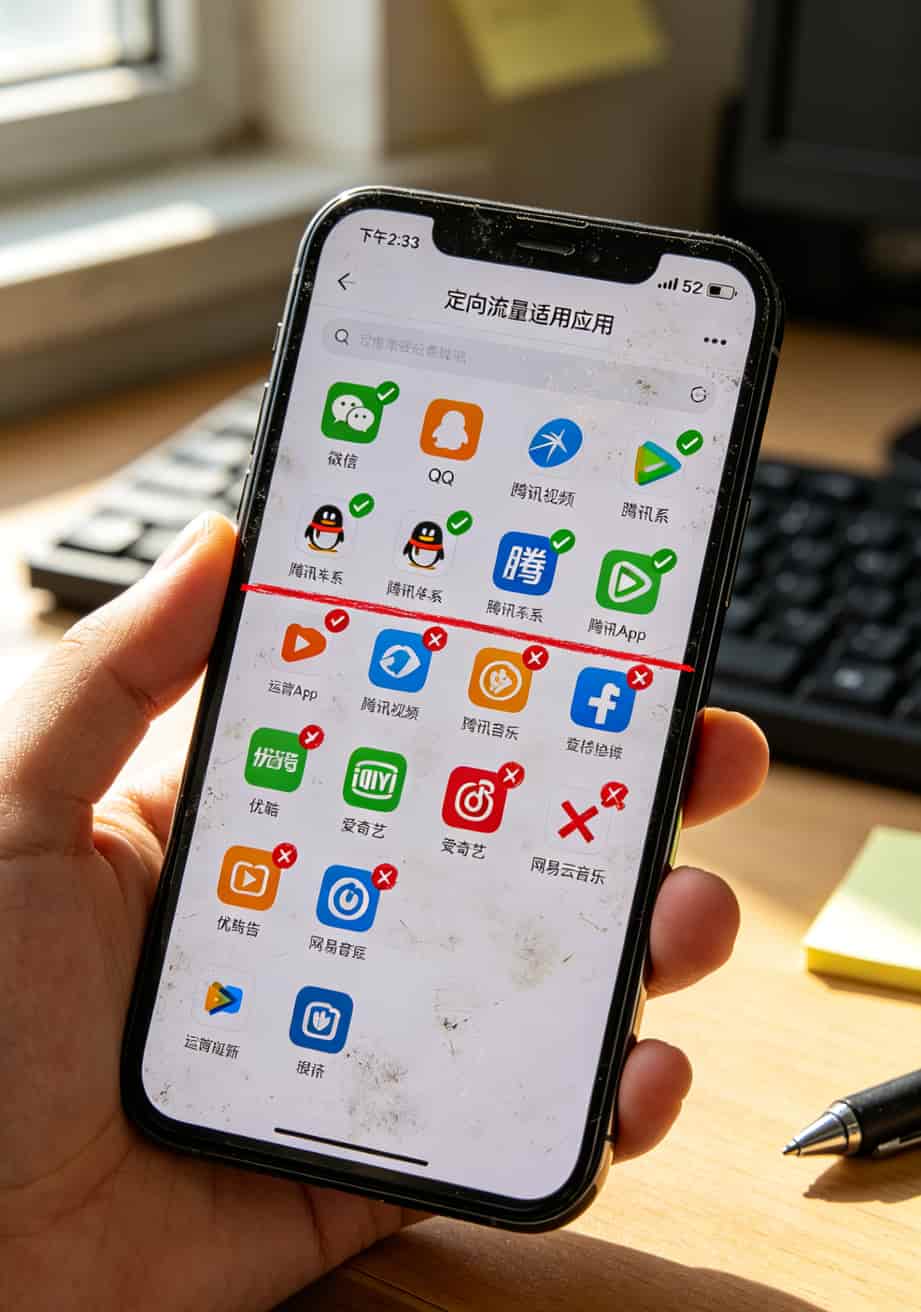 定向流量支持App列表截图，标注腾讯系和非腾讯系区分