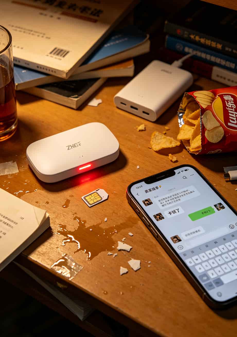 19元的移动流量卡配上中兴随身WiFi,我劝你想清楚再买(实测6张卡的真心话) 学生宿舍桌上放着中兴随身WiFi,指示灯显示红色故障状态