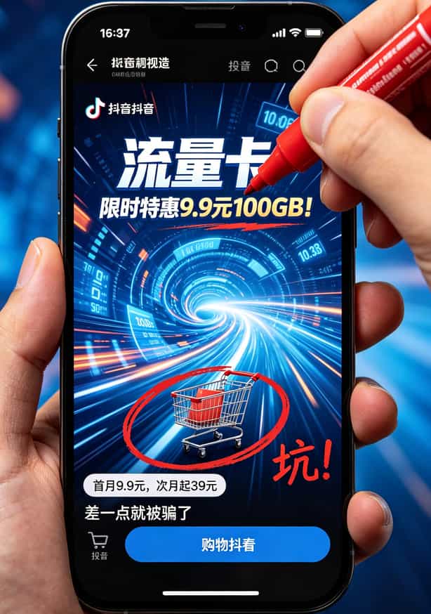 车载流量卡怎么办理?跑网约车6年老司机:听我的,每月39块100G就够了 抖音截图显示9.9元100GB广告,红笔标注“详情页小字限定”