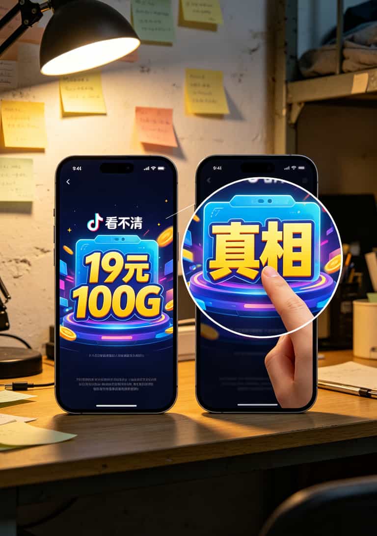 20260508_030418_19年流量卡推荐_final 抖音平台上的流量卡广告截图,箭头指向底部浅灰色小字