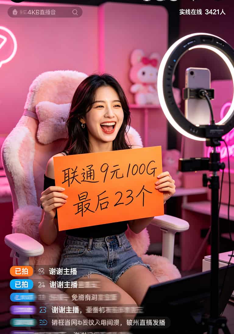 办流量卡哪里正规?踩了3次坑亏了800块,我只信这2个地方 抖音直播间截图,主播举着“9元100G”的牌子