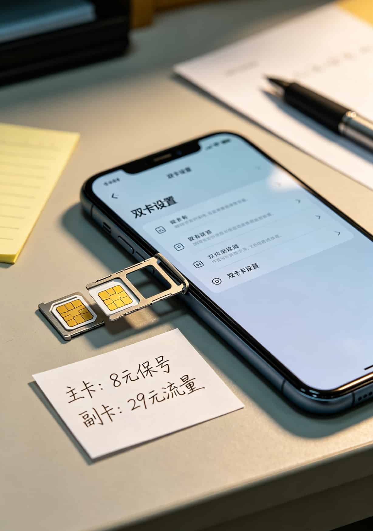 5g流量卡网络办理避坑指南:我踩过8次坑才整明白的选卡铁律 双卡双待手机示意图,标出主卡副卡分工