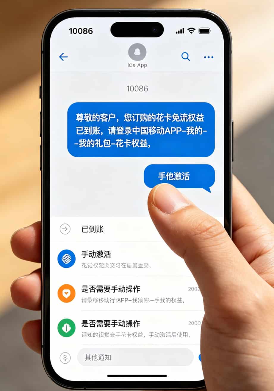 被坑了11次才找到这个“纯移动流量卡申请入口”,百元话费变30(纯干货) 手机短信界面,显示运营商发送的免流权益到账通知