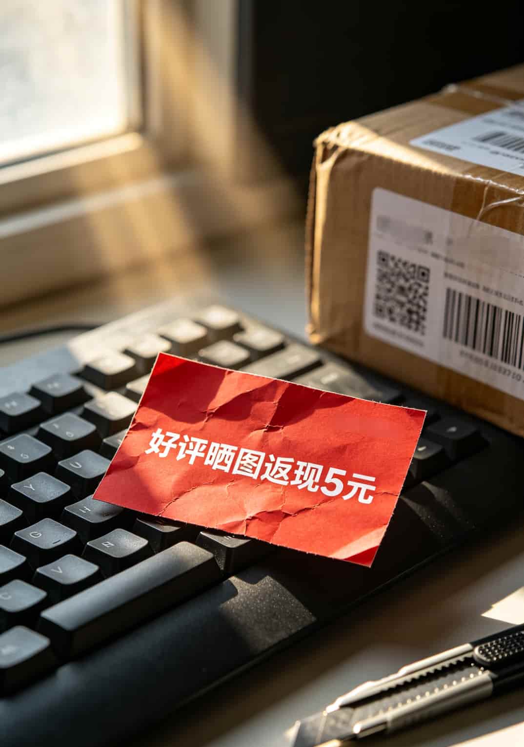 20260508_031106_便宜电信流量卡_final 某电商平台好评返现卡片实拍,反面印着“晒图返5元”