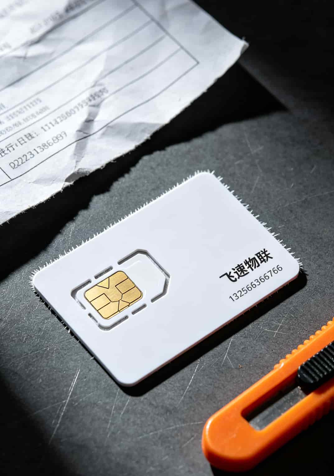 劣质白色流量卡实物图，仅印有“飞速物联”字样