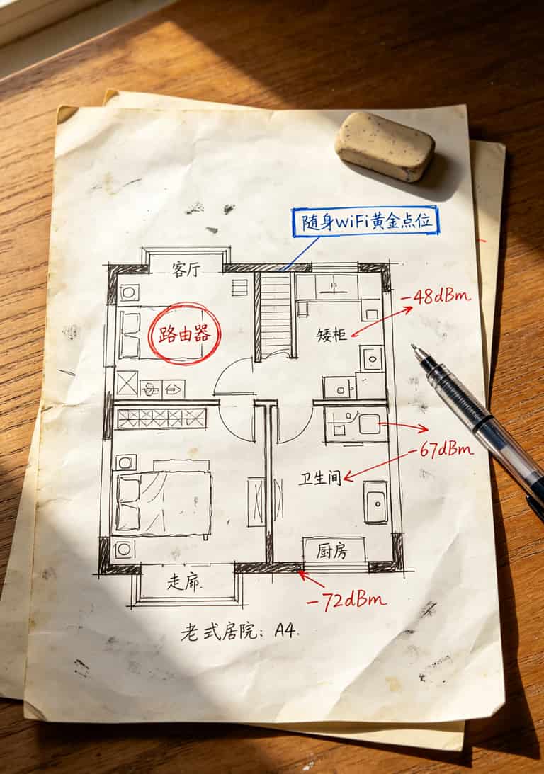 联通流量卡1元1g流量+随身WiFi实测:信号从两格到满格,每月网费省一半 户型图手绘标注,显示路由器、随身WiFi摆放位置、各个房间信号强度
