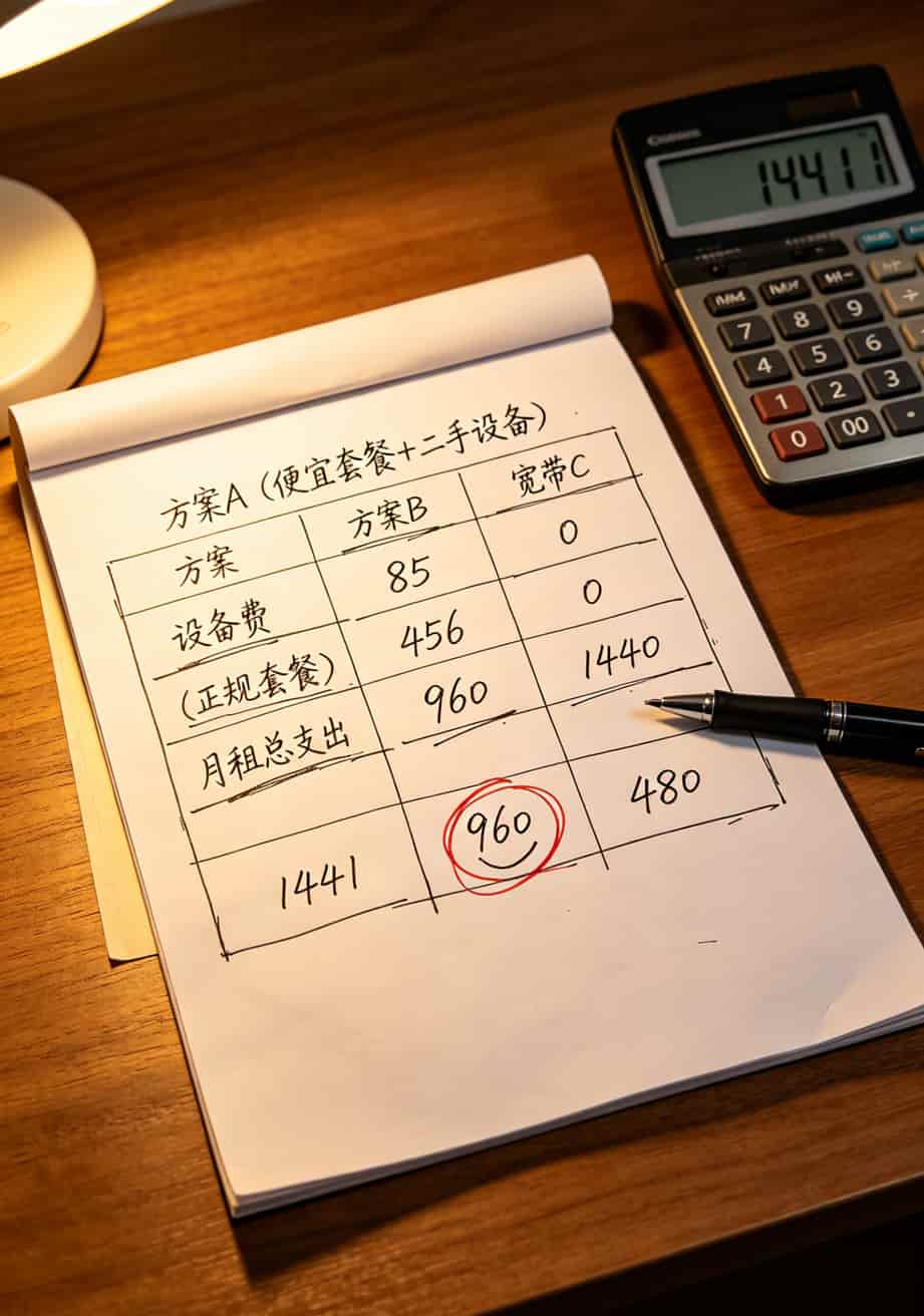 用了三年随身WiFi,我被坑了八千块才搞懂:中兴小盒子配19元电信卡大流量卡,到底是省钱还是送命? 三年费用对比表格,直观显示三种方案实际支出