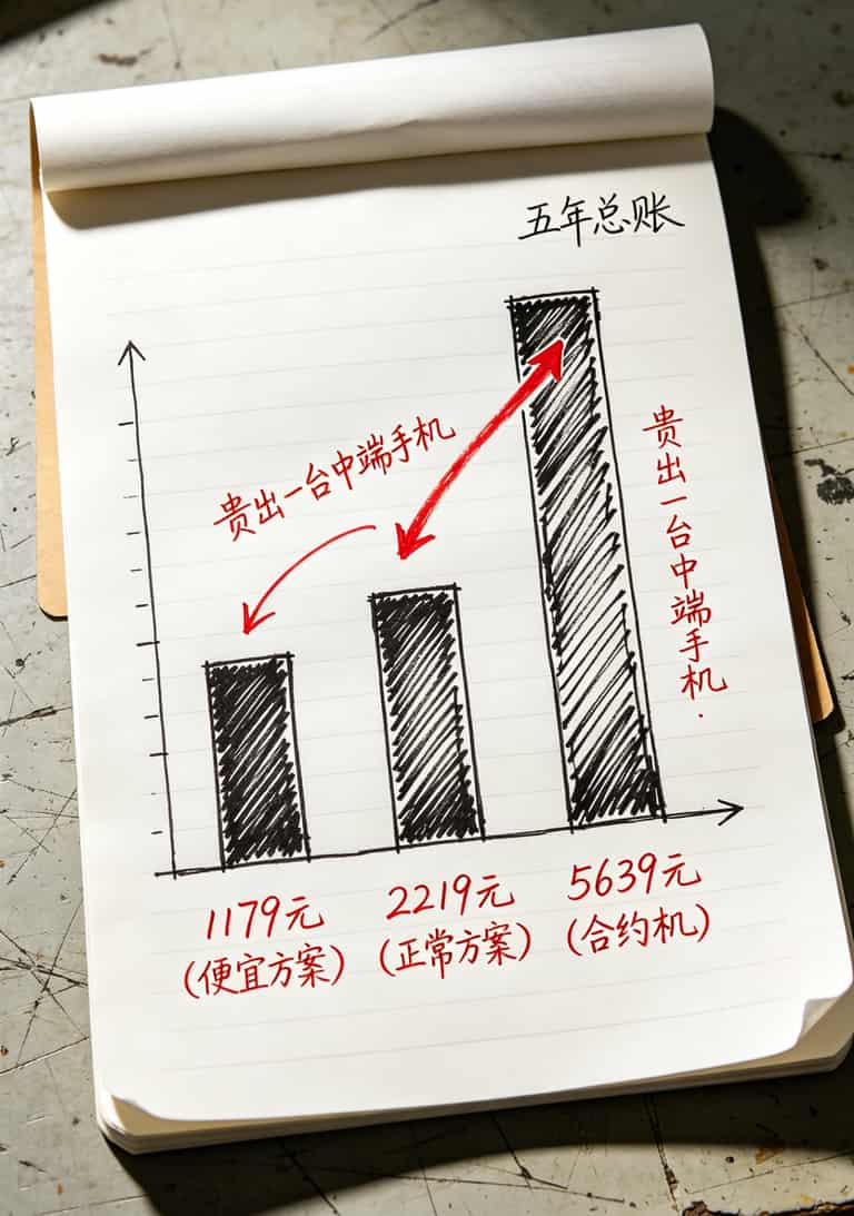 9元15g流量卡+几十块的随身WiFi,我劝你别碰(内附拆机实测) 五年使用成本对比条形图,合约机方案明显高出其他方案