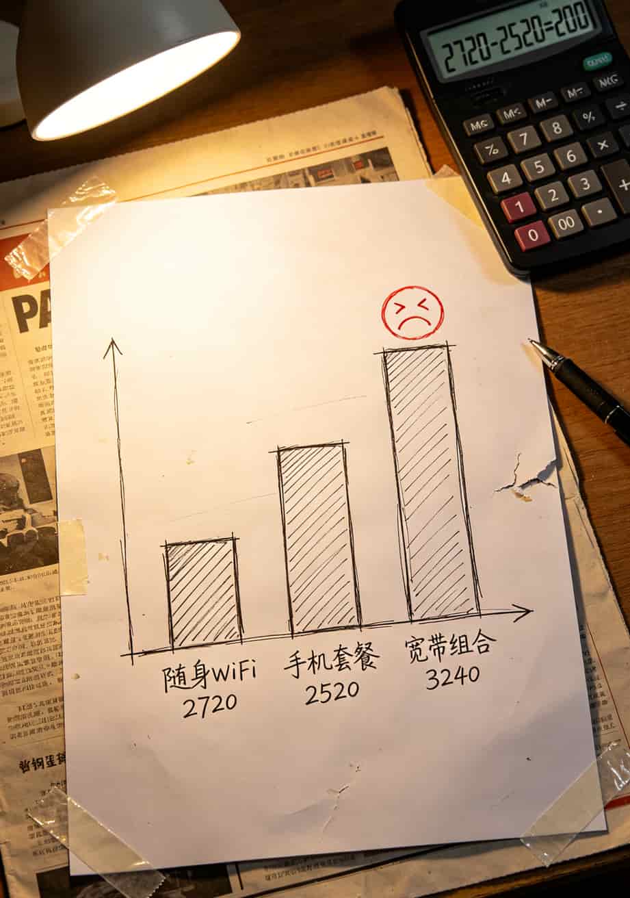 信我,那种“不需要实名流量卡网站”的随身WiFi,最好别碰(老周实测) 三年费用对比柱状图,随身WiFi2720元、手机套餐2520元、宽带组合3240元