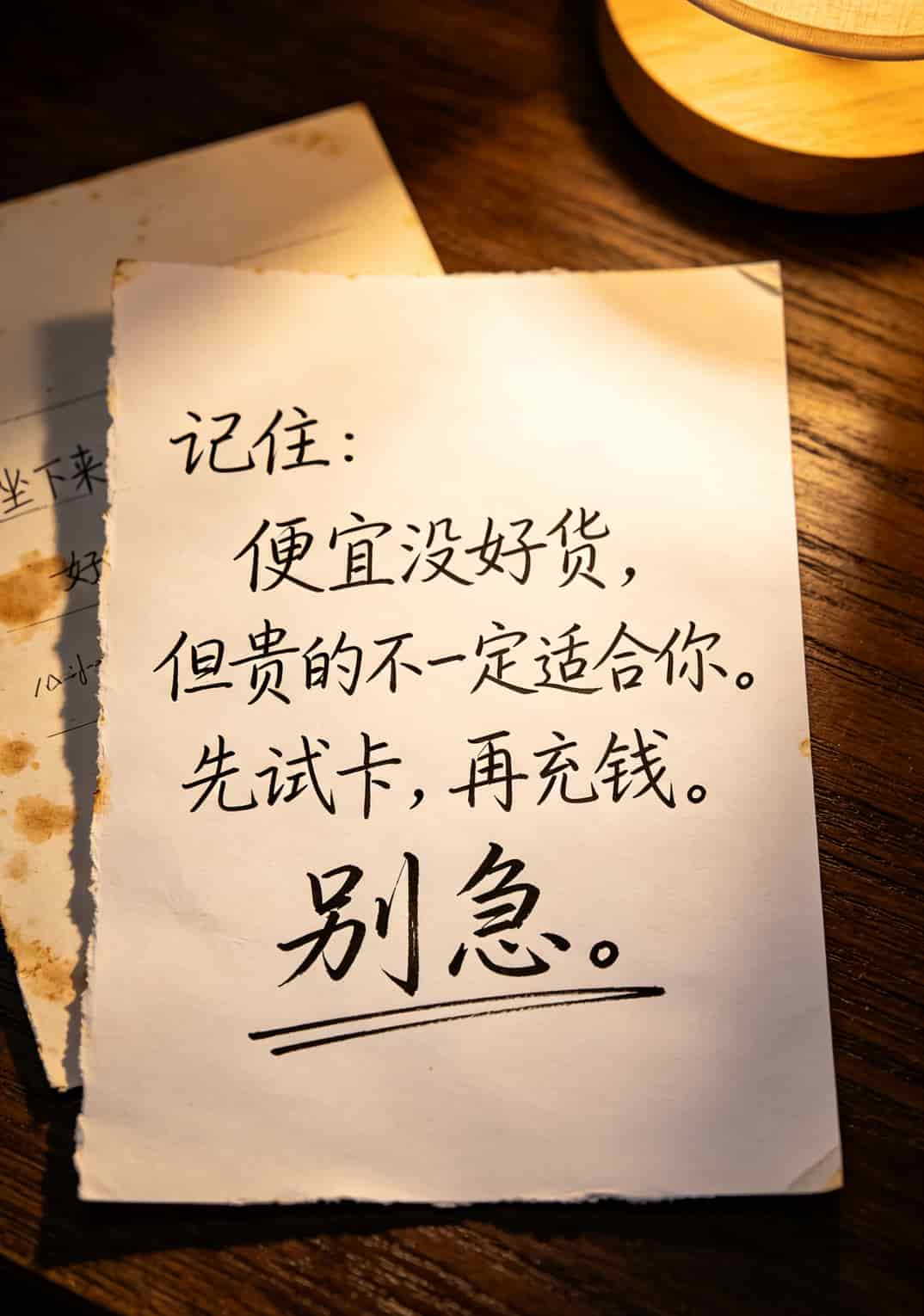 为了省几十块钱,我跑遍杭州8家营业厅踩了6次坑(附19元不限速流量卡+随身WiFi终极避坑指南) 一张纯文字图,白底黑字写着“记住:便宜没好货,但贵的不一定适合你。先试卡,再充钱,别急。”