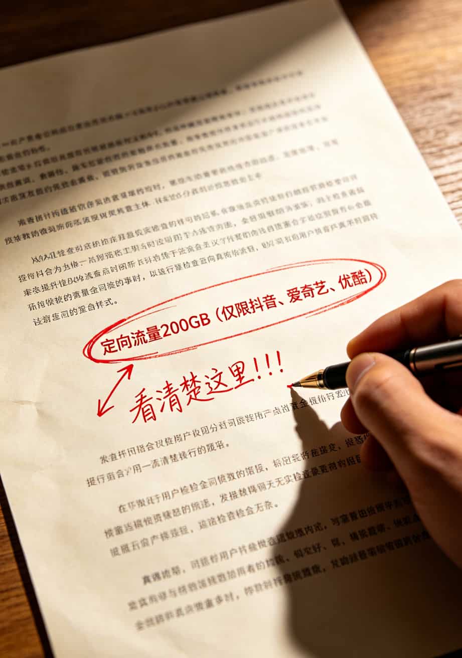 为了省几十块钱,我跑遍杭州8家营业厅踩了6次坑(附19元不限速流量卡+随身WiFi终极避坑指南) 一张流量卡套餐详情页截图,红色圈出“定向流量”小字,旁边用手写箭头标注“看清楚这里!”