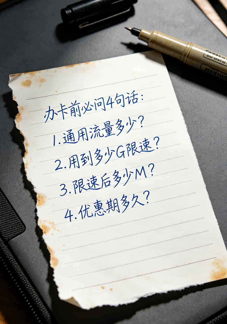 为了省几十块钱,我跑遍杭州8家营业厅踩了6次坑(附19元不限速流量卡+随身WiFi终极避坑指南) 一张手写笔记,列着“办卡前必问4句话:1.通用流量多少?2.用到多少G限速?3.限速后多少M?4.优惠期多久?”