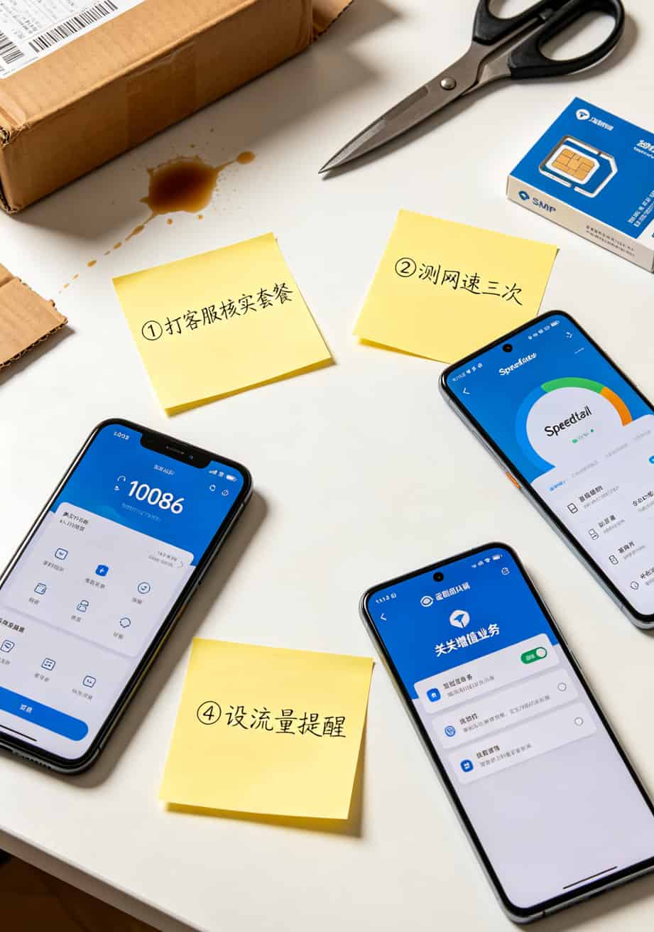 收到流量卡后必做的四件事流程图，步骤清晰可跟做