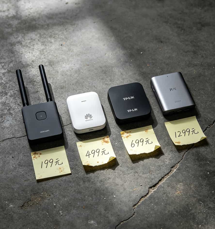 老张实测!联通卡大流量卡配随身WiFi,网速到底能快多少?(答案在50字内) 四台不同价位的随身WiFi排成一排,旁边标注价格区间