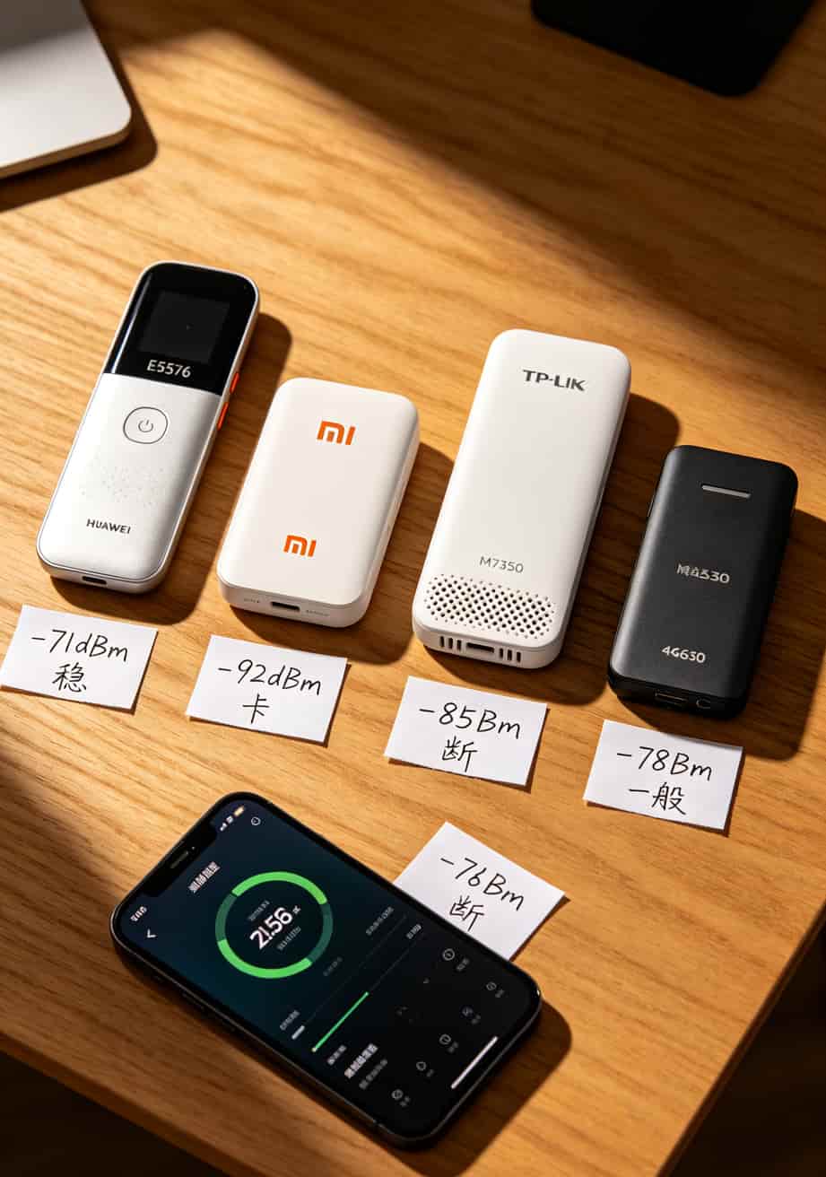 实测5台随身WiFi后我悟了:19元流量卡不限量套餐,便宜的那部分钱都花在哪里了? 四款随身WiFi穿墙信号强度对比数据表